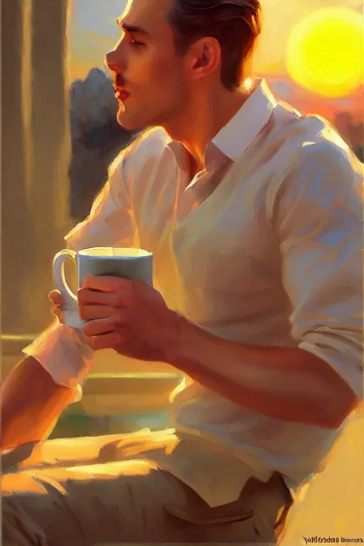 Image similar to attractive man drinking coffee, sunset, painting by vladimir volegov, j. c. leyendecker, tom of finland, trending on artstation