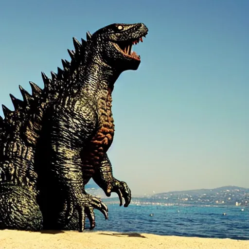 Prompt: godzilla on a beach in cannes. he wears sunglasses