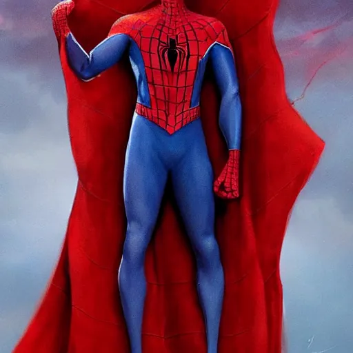 Image similar to spiderman wears a doublet whilst wearing a red velvet Cape , alexanre benois edward julius detmold jehan choo jeff simpson raphael lacoste guillem h. pongiluppi grisaille