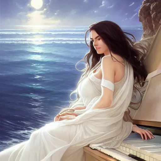 Prompt: A beautifull woman with long dark hair dressing a transparent white dress siting on a piano forte in the sea with Waves surrounding her, highly detailed, digital painting, artstation, concept art, sharp focus, illustration, art by artgerm and greg rutkowski and alphonse mucha