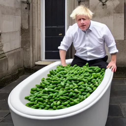 Image similar to boris johnson in a bathtub filled with beans beans beans