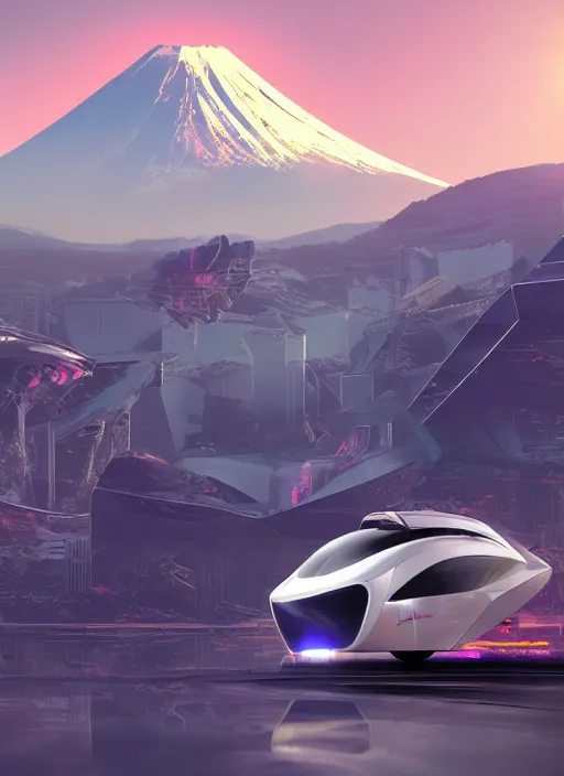 Prompt: a futuristic crystal - solarpunk tesla cyber truck vehicle hover craft in the future of 2 0 8 9 futuristic version, cyberpunk look. digital art. trending on artstation. cyberpunk look hovering by mount fuji early in the morning with a few blossom trees around, high quality photo