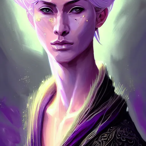 Image similar to portrait of an androgynous human mage, with dirty blonde hair, purple eyes, dnd, high fatnasy, intricate, elegant, highly detailed, digital painting, artstation, concept art, smooth, sharp focus, illustration, by anato finnstark, boissb - blanca. j, cindy avelino, clint cearley, anna podedworna