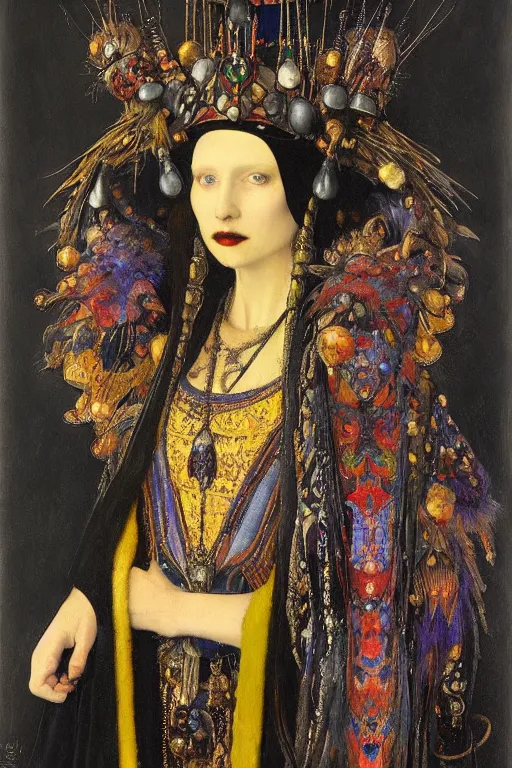 Prompt: portrait of the queen of crows, by Donato Giancola and John Bauer and Vermeer, embroidered velvet, iridescent beetles, rich color, ornate headdress, flowing robes, sacred artifacts, lost civilizations,featured on Artstation, cgisociety, unreal engine, extremely detailed