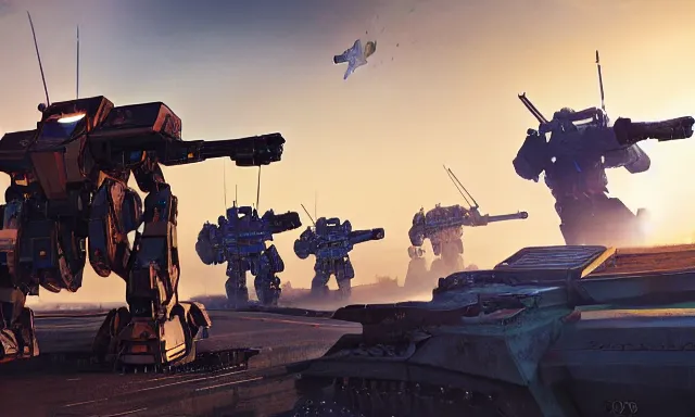 Image similar to Mechs defending the city at sunset, photorealistic, hyperrealistic, digital illustrations, sci-fi illustrations, mechwarrior, battletech, highly detailed, intricate, award-winning, mecha, gritty, beautiful colors, hdr, rendered in Octane, rendered in Unreal engine, 4k, ultra hd