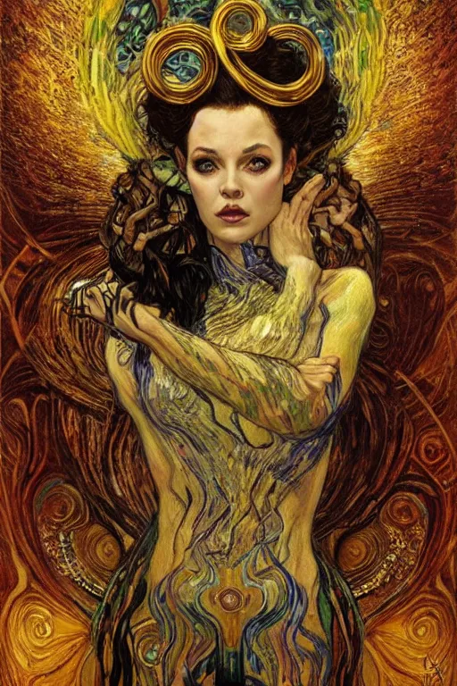 Image similar to Intermittent Chance of Chaos Muse by Karol Bak, Jean Deville, Gustav Klimt, and Vincent Van Gogh, beautiful portrait of Rebirth, Loki's Pet Project, Poe's Angel, Surreality, inspiration, imagination, muse, otherworldly, fractal structures, arcane, ornate gilded medieval icon, third eye, spirals