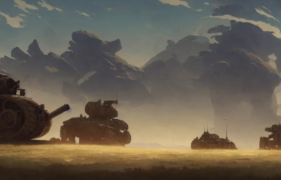 Prompt: concept art of a dusty field with ruined dieselpunk orcish tanks and smoking craters in the background, key visual, ambient lighting, highly detailed, digital painting, artstation, concept art, sharp focus, by makoto shinkai and akihiko yoshida and hidari and wlop