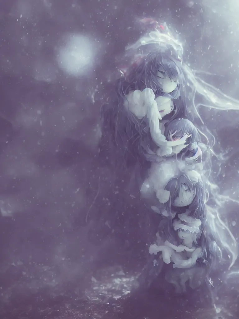 Image similar to cute fumo plush of a cursed frail witch girl held tight in the arms of a translucent ghost mother, hugging and cradling, anime, eerie pretty melting volumetric smoke and fog, dark environment map pbr reflective stormy water, gothic maiden, bokeh, vignette, vray