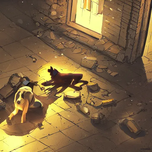 Prompt: a sleeping dog curled next to a broken cyborg, in an alley, at night, cinematic lighting, in the style of artstation