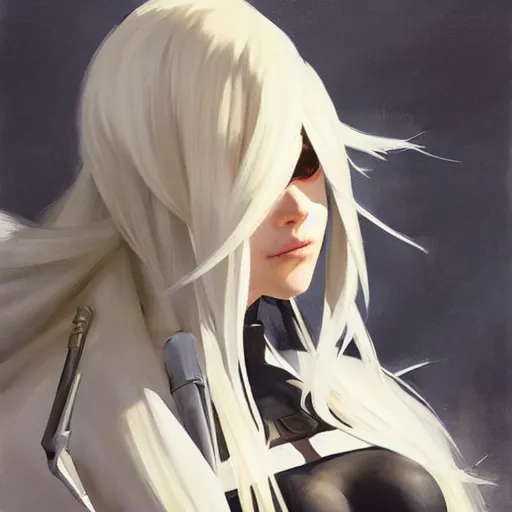 Image similar to greg manchess portrait painting of a 2 yorha type a no. 2 as overwatch character, white long hair, medium shot, asymmetrical, profile picture, organic painting, sunny day, matte painting, bold shapes, hard edges, street art, trending on artstation, by huang guangjian and gil elvgren and sachin teng