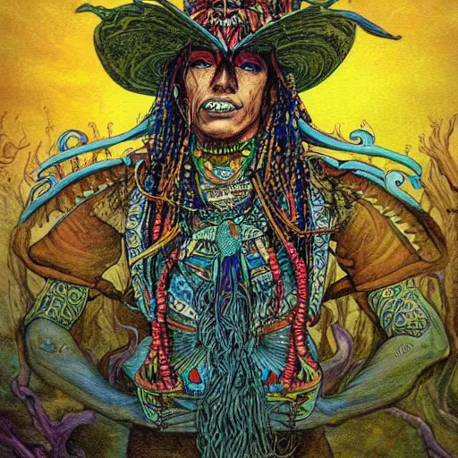 Prompt: fantasy art, highly detailed, beautiful, surreal, ayahuasca shaman, by moebius