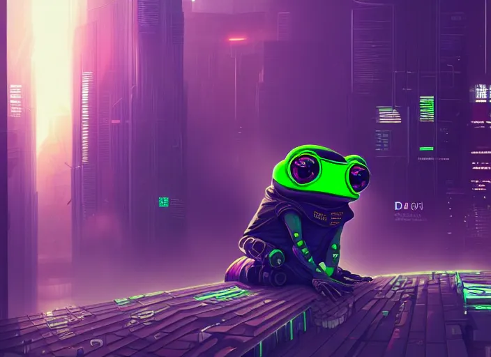 Image similar to cyberpunk pepe the frog, futuristic city, computers, dylan kowalski, marat zakirov, albert ramon puig, trending on artstation, 8 k