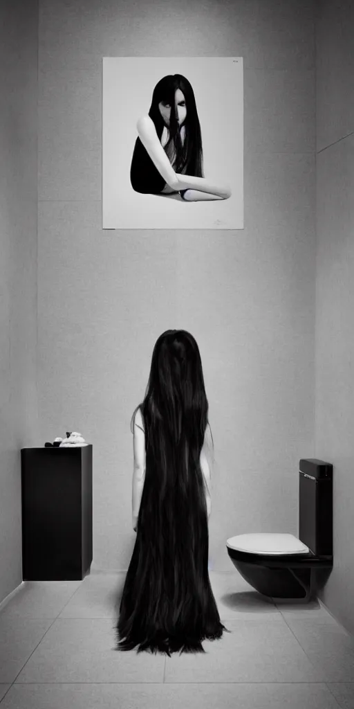 Image similar to a young girl with straight long black hair wearing black dress sitting in bathroom floor, poster by artgem, greg rutkowski and mario testino