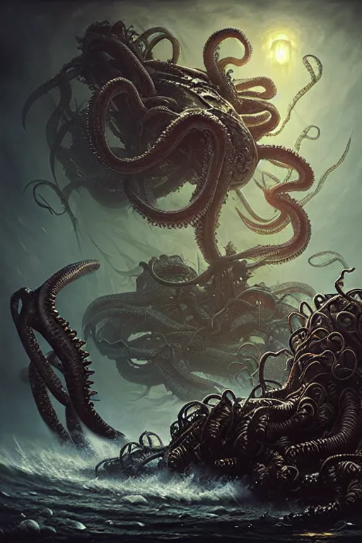 Image similar to kraken attack by anna podedworna, ayami kojima, greg rutkowski, giger, maxim verehin