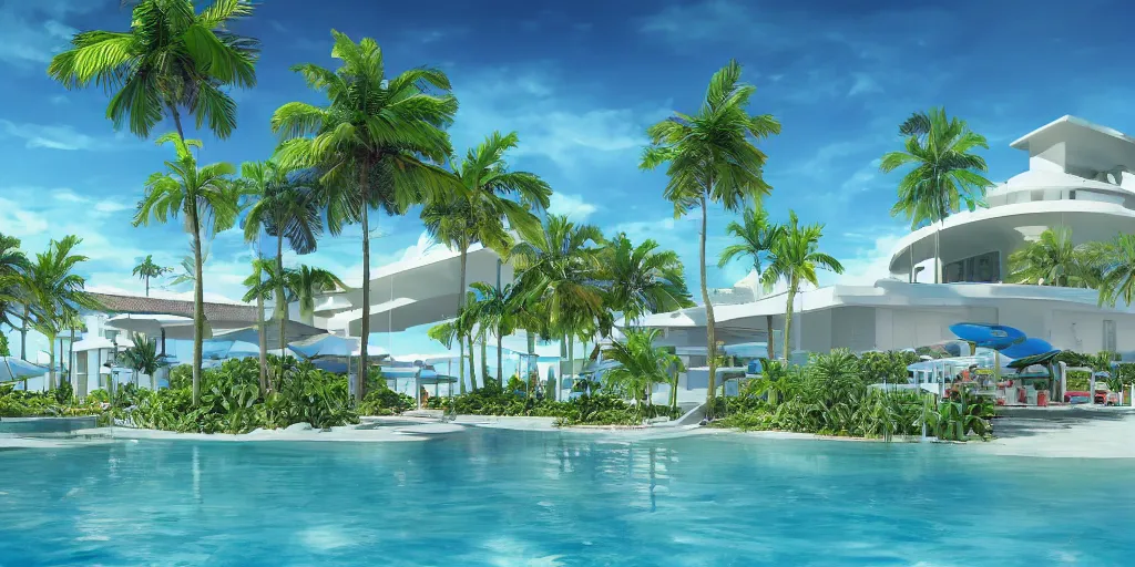 Image similar to hyperrealistic surreal virtual world of a florida keys resort with palm trees around a pool, a surreal vaporwave liminal space, minimalist architecture, metaverse, highly detailed, calming, meditative, dreamscape