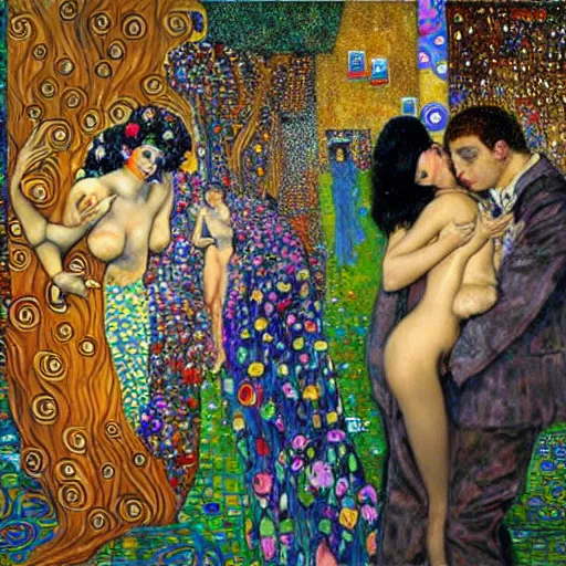 Prompt: social encounters depictions of the scene and free love hangs - al fresco postmodern painting sensuous abstracted highly detailed, surrealist klimt