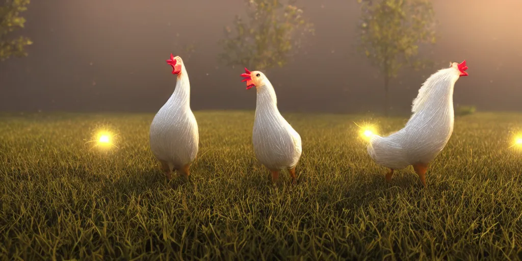 Image similar to magical sparkling chickens frolicking in a field, autumn, sparkles, light beams, photorealistic, hyperrealistic, 8 k, trending on artstation