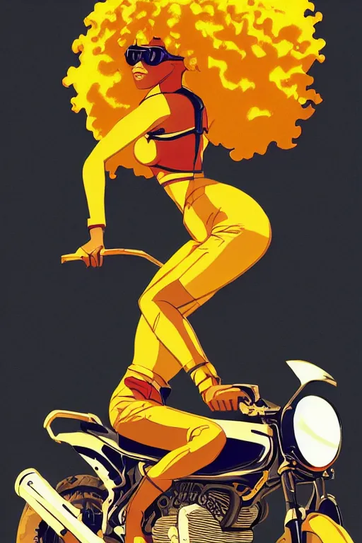 Image similar to black woman with goggles riding motorbike, afro hair, clean lines, bold outline, golden ratio, cowboy bebop, pop art, graphic, ilya kuvshinov, jamie hewlett, yoji shinkawa, muted colors, beautiful detailed illustration, 17th century oil painting, flat colors, studio ghibli, cel shading,