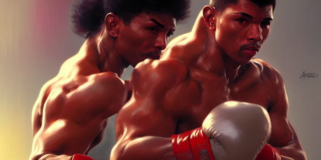 Image similar to a 1 9 8 0 s kick boxer, highly detailed, digital painting, artstation, concept art, matte, sharp focus, illustration, art by artgerm and greg rutkowski and alphonse mucha