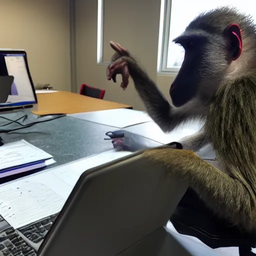 Image similar to a baboon programming, in the office