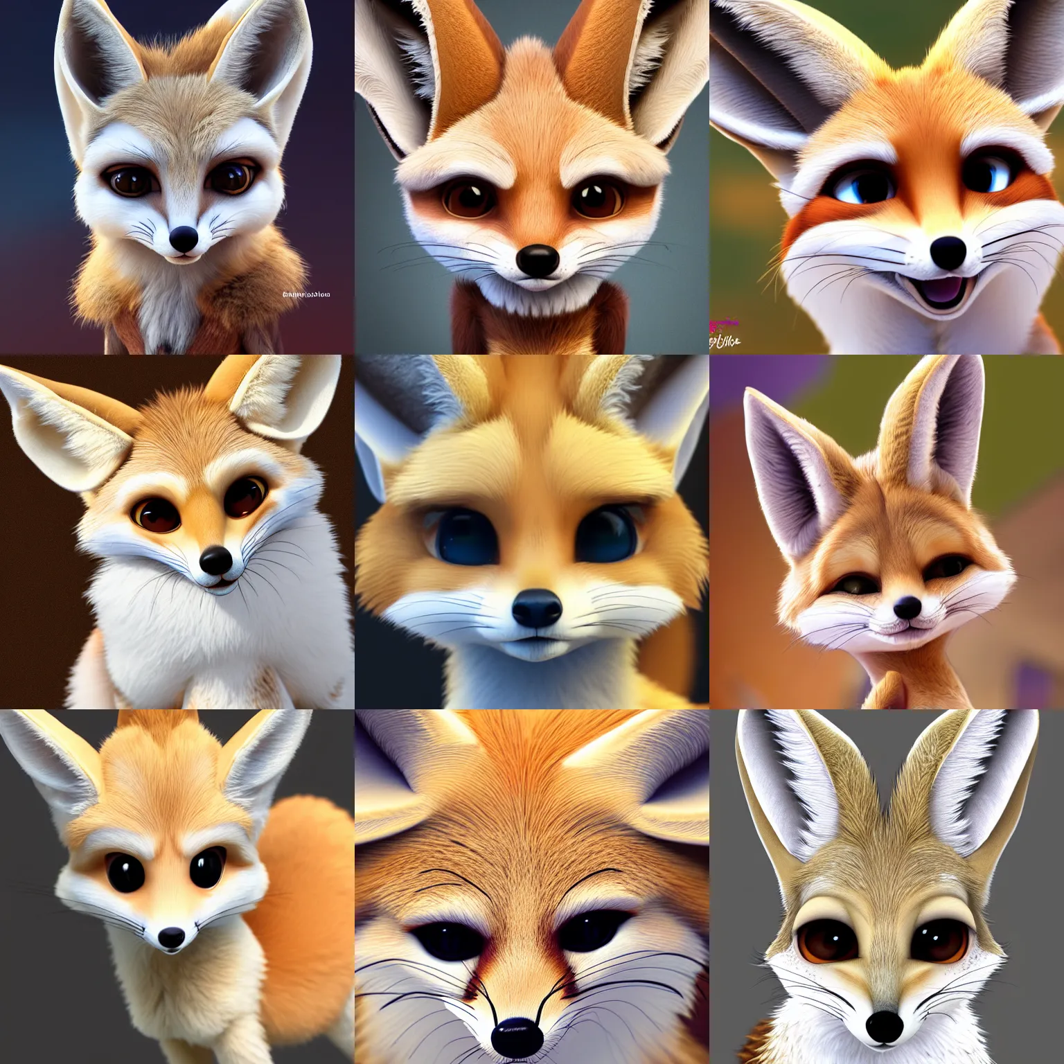 Prompt: high quality character portrait of a fennec fox character, close-up, disney style, zootopia, highly detailed render, hyper-realistic, fur