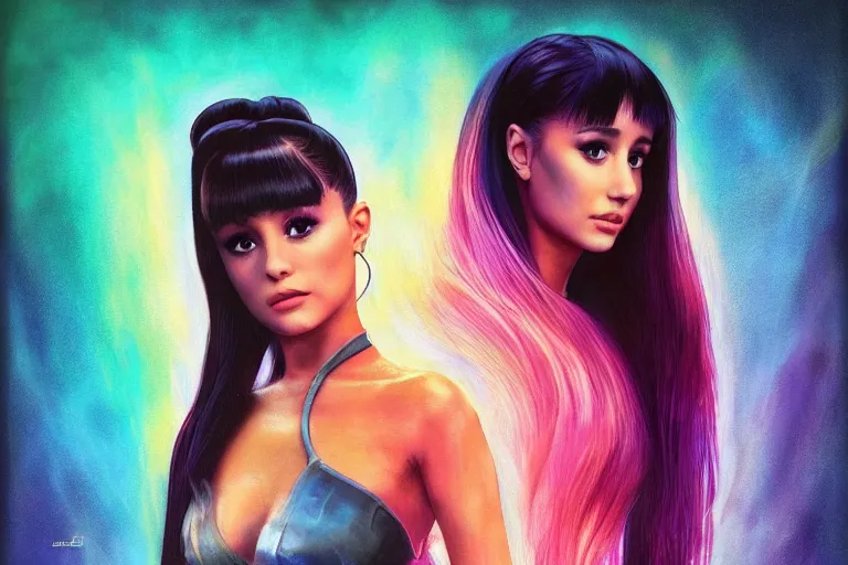 Image similar to ariana grande in the style of johan grenier and john picacio and alan m. clark, trending on artstation, bioluminescence tilt - shift blade runner 2 0 4 9, crayon art, futuresynth, splash art, post - minimalism