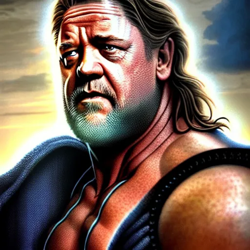 Prompt: Russell Crowe as zeus in a Marvel movie by nuri iyem, james gurney, james jean, greg rutkowski, anato finnstark. hyper detailed, 50mm, award winning photography.