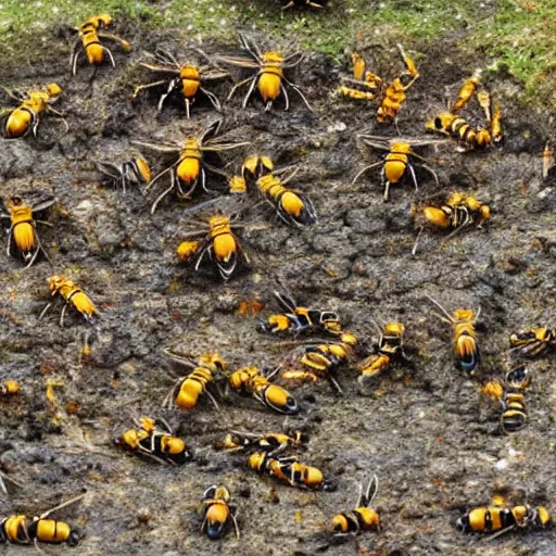 Image similar to giant wasps that are attacking crabs, hellish landscape, thunderstorm