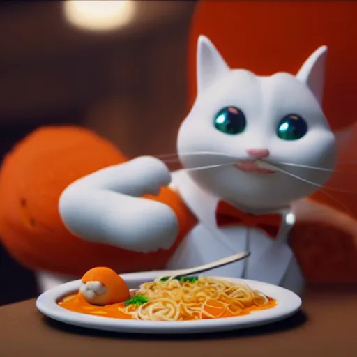 Image similar to Fat, cute orange cat in a suit eating ramen, busy restaurant, close up, octane render by Osamu Tezuka, details, 4K, 8K