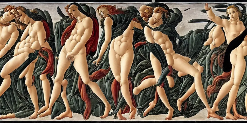 Prompt: the 12 months of the year as figures, in a mixed style of Botticelli and Æon Flux, stunningly detailed artwork