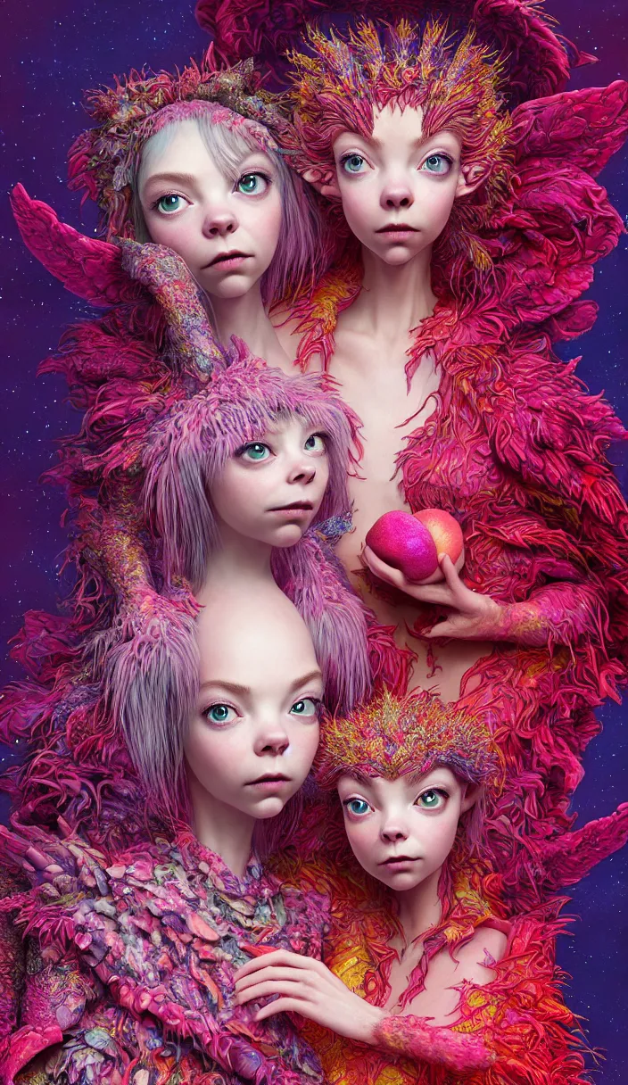 Image similar to hyper detailed 3d render like a Oil painting - kawaii portrait of two Aurora (a beautiful skeksis muppet fae queen protector heroine from dark crystal that looks like Anya Taylor-Joy) seen red carpet photoshoot in UVIVF posing in scaly dress to Eat of the Strangling network of yellowcake aerochrome and milky Fruit and His delicate Hands hold of gossamer polyp blossoms bring iridescent fungal flowers whose spores black the foolish stars by Jacek Yerka, Ilya Kuvshinov, Mariusz Lewandowski, Houdini algorithmic generative render, Abstract brush strokes, Masterpiece, Edward Hopper and James Gilleard, Zdzislaw Beksinski, Mark Ryden, Wolfgang Lettl, hints of Yayoi Kasuma and Dr. Seuss, octane render, 8k