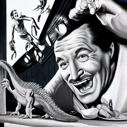 Image similar to beautiful lifelike painting of gene kelly demanding a refund on undercooked overpriced dinosaur steak in downtown dive bar bistro, hyperreal detailed facial features and uv lighting, art by ed roth, ryu noguchi and basil wolverton