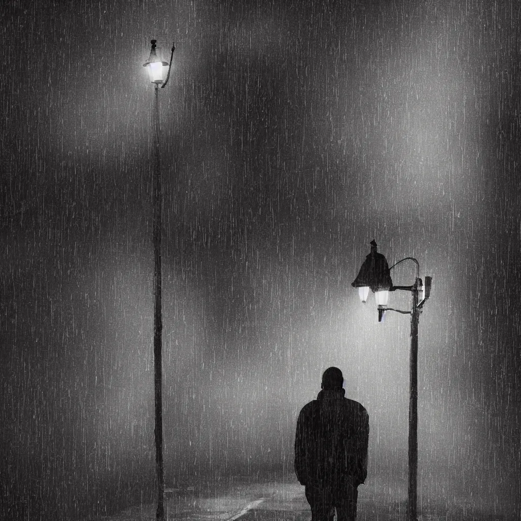 Image similar to Joe Rogan wearing a black leather jacket, leaning against a streetlight at night, gritty atmosphere, digital art, lit from above, raining