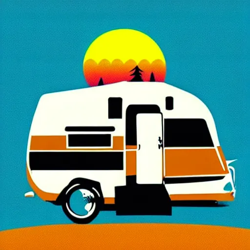 Image similar to stylized stencil graphic of a white and black cute thor chateau! motorhome camper!!, mountains, colorful sunset!!, stencil by tom whalen