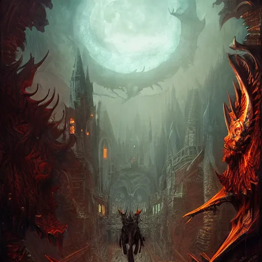 Image similar to An matte painting digital intricate illustration concept art of demon wolf by kerem beyit, marc simonetti, karol bak, chris cold, james gurney, dan mumford, 8k, highly detailed, cinematic lighting, trending on artstation