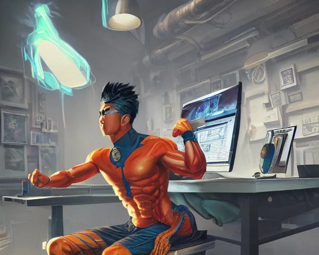 Image similar to an insanely detailed painting of a asian man wearing a superhero costume, sitting at a desk, staring at the nervously at the computer and typing, in the style of peter mohrbacher, dramatic lighting and composition, surreal background, octane render, pixar, trending on artstation, concept art, comic book, view from behind