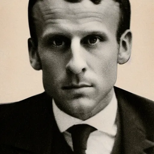 Image similar to photograph of emmanuel macron by edwardian, male, 1 9 0 0 s, 1 9 1 0 s, grainy, slightly blurry, faded, realistic face