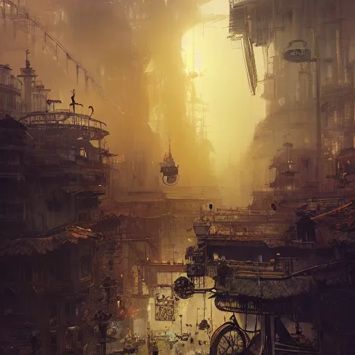 Image similar to steampunk city, sunrise, landscape, intricate, detailed, volumetric lighting, scenery, photorealistic, highly detailed, artstation, sharp focus, illustration, concept art, ruan jia, steve mccurry