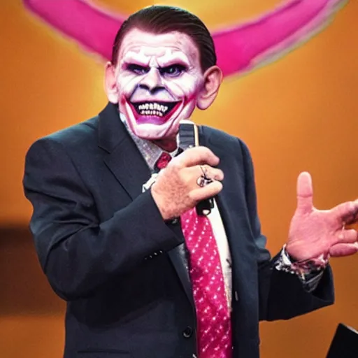 Prompt: pastor kenneth copeland cosplaying as the joker on his megachurch pulpit
