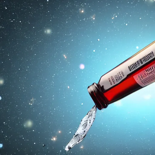 Image similar to A Vodka Bottle flying on the universe, 8K, Ultra Detailed, Very Impressive, smooth and sharp focus