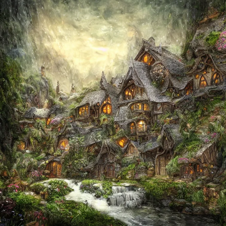 Prompt: inside a medieval hobbit home, ornate, beautiful, mist, smoke, chimney, rain, waterfall, melting, snow, creek, lush, ice, bridge, forest, flowers, concept art illustration, color page, 4 k, tone mapping, magic realism, josephine wall, huang guangjian, viktoria gavrilenko, amanda sage, trending on artstation