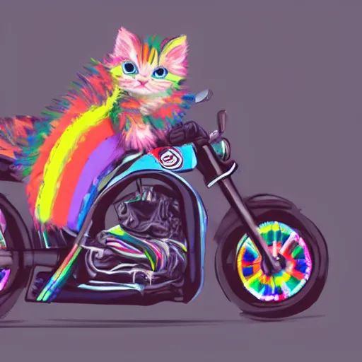 Image similar to wide angle full body, jacket wearing fluffy cute rainbow kitten wearing a black leather motorcycle jacket, riding on a motorcycle, cinematic concept art