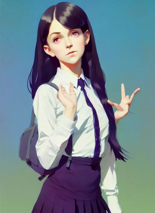 Image similar to full body beautiful and cute and aesthetic school girl greeting, very slightly smiling, wave a hand at the camera, perfect face, symmetric eyes, sharp focus, specular reflection, occlusion shadow, artstation, by ilya kuvshinov and jeremy lipking and quentin mabille, light novel cover art, 3 d epic illustrations, symmetric body