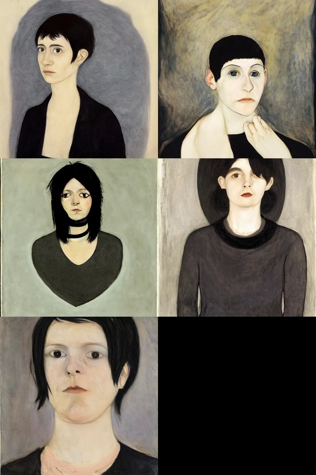 Prompt: an emo portrait by hilma af klint. her hair is dark brown and cut into a short, messy pixie cut. she has a slightly rounded face, with a pointed chin, large entirely - black eyes, and a small nose. she is wearing a black tank top, a black leather jacket, a black knee - length skirt, and a black choker..