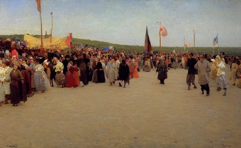 Image similar to high quality high detail painting by ilya repin, huge line of people fading into the background, hd