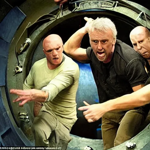 Image similar to James Cameron movie, inside a nuclear submarine, the crew fight to keep the hatch door closed as zombies try to break through