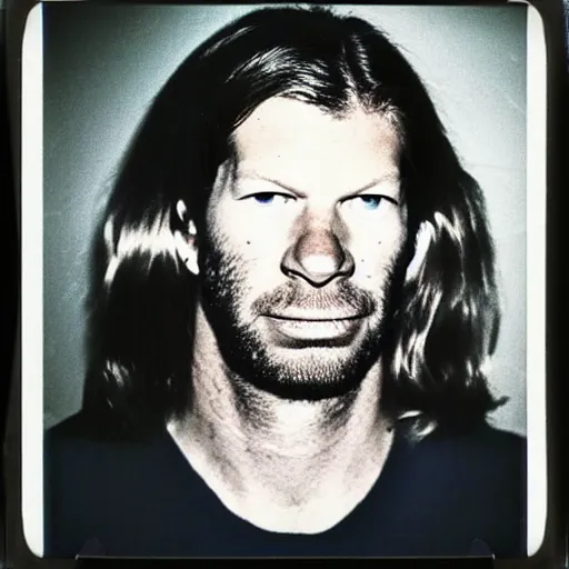 Image similar to Mugshot Portrait of Aphex Twin, taken in the 1970s, photo taken on a 1970s polaroid camera, grainy, real life, hyperrealistic, ultra realistic, realistic, highly detailed, epic, HD quality, 8k resolution, body and headshot, film still, front facing, front view, headshot and bodyshot, detailed face, very detailed face