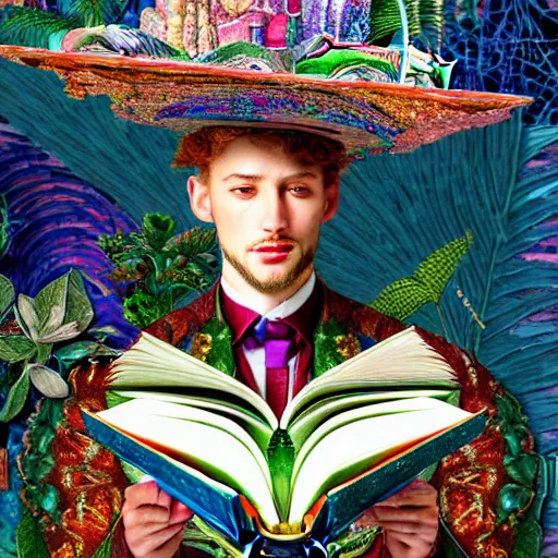 Prompt: HD 8x hyperdetailed illustrated mixed media collage of a man with a maximalist hyperrealistic huge hat made of jewel plants, reading an elaborate book. flamish baroque solarpunk elements. matte background in pastel tones.