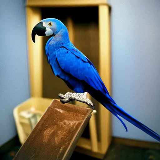 Prompt: Hyacinth macaw in ground lost in backrooms, cinematic shot, cinestill 800 t