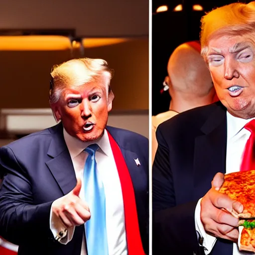 Image similar to donald trump robing pizza from someone else